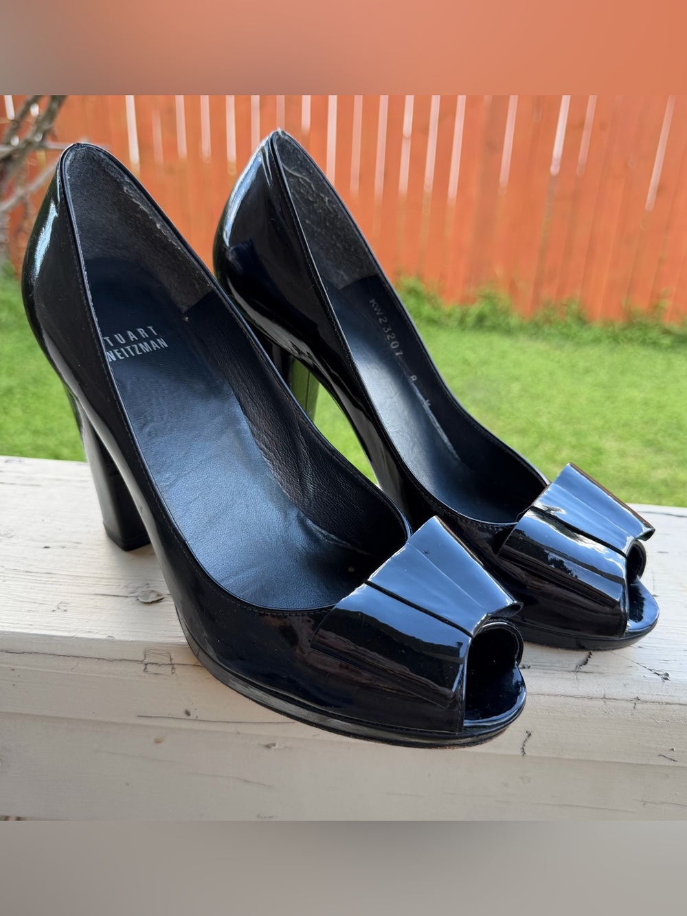 Stuart Weitzman Black Patent Peep-Toe High Block Heel Pumps